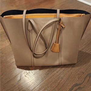 Tory Burch Taupe Leather Tote with Yellow Accent